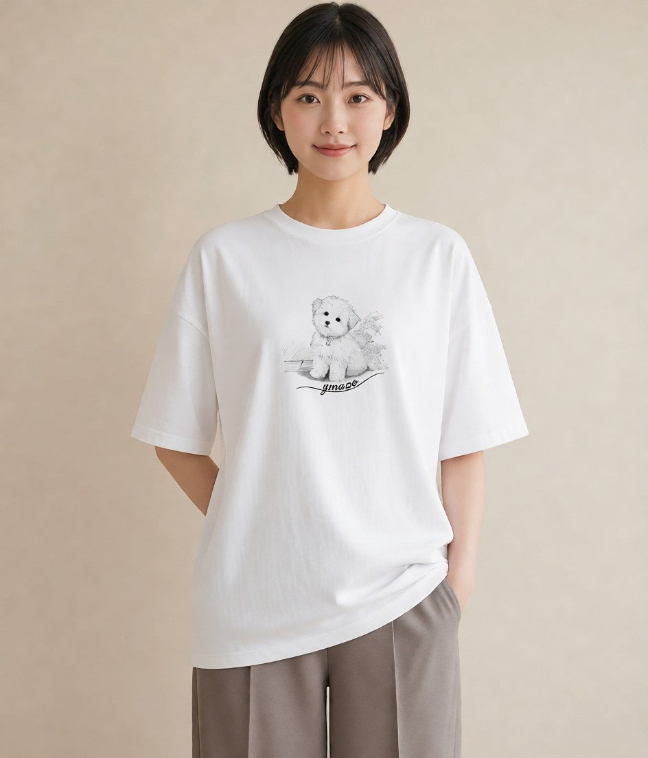 グラフィックTシャツ レディース マルチーズ 犬 いぬ イラスト レトロ デート 帰省 白T