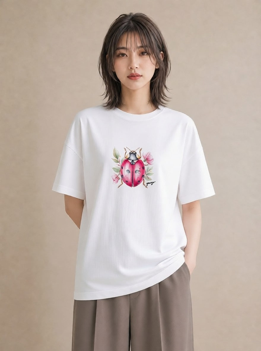 半袖Tシャツ レディース カブトムシ 昆虫 虫 イラスト 韓国風 休日 ペアコーデ 白T