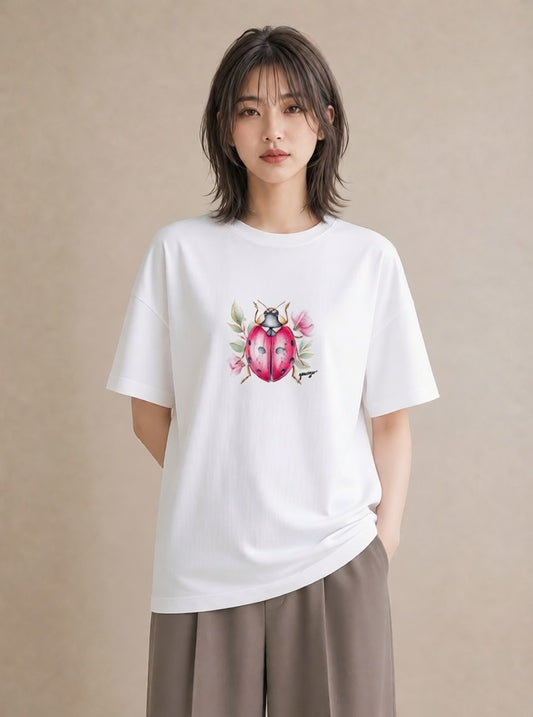 半袖Tシャツ レディース カブトムシ 昆虫 虫 イラスト 韓国風 休日 ペアコーデ 白T