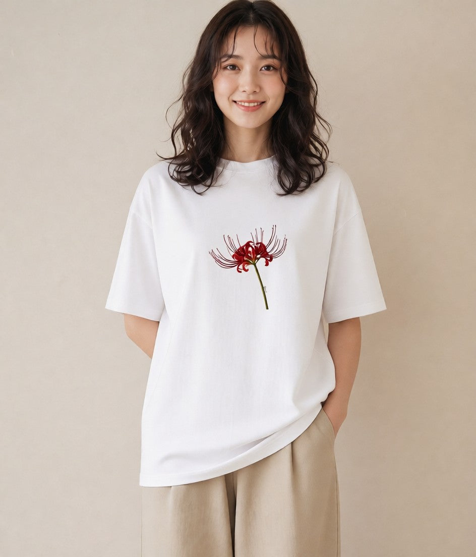 グラフィックTシャツ レディース 彼岸花 花 花柄 イラスト ヴィンテージ風 散歩 お出かけ 白T
