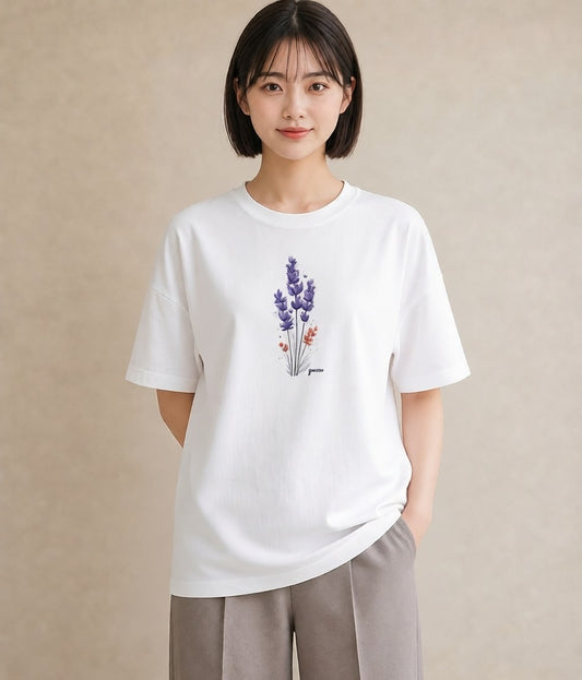 Tシャツ レディース ラベンダー 花 花柄 イラスト ミニマル ラフ レイヤード 白T