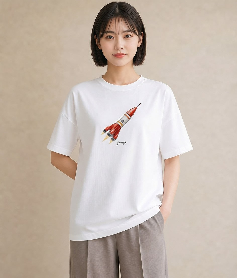 デザインTシャツ レディース ロケット 星空 宇宙 イラスト アート風 女子会 お揃い 白T