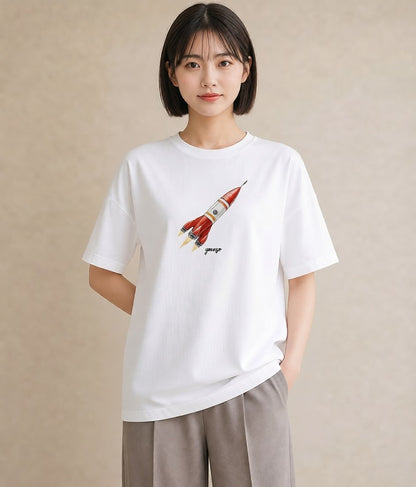 デザインTシャツ レディース ロケット 星空 宇宙 イラスト アート風 女子会 お揃い 白T
