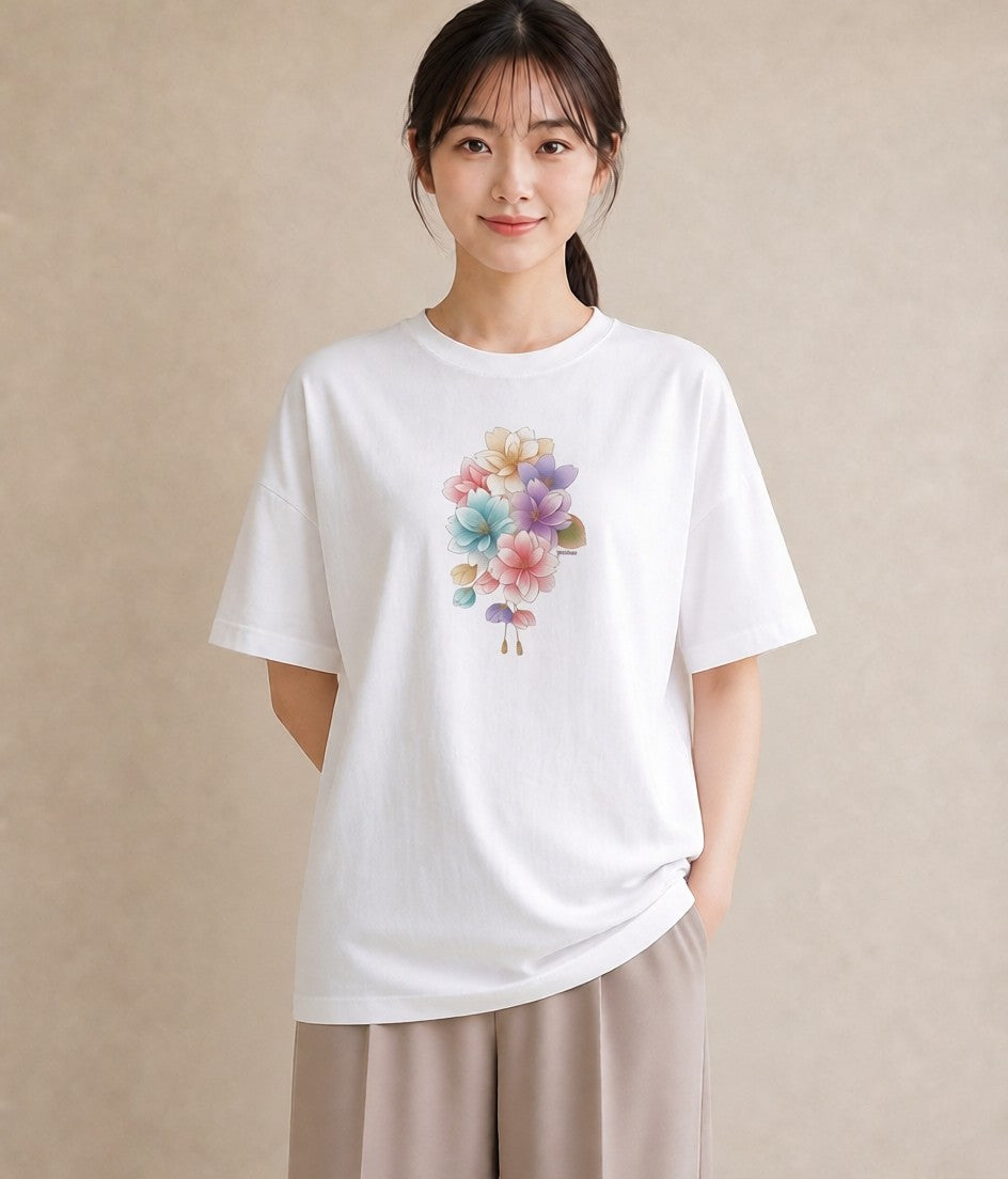グラフィックTシャツ レディース 花 花柄 イラスト ガーリー 女性向けギフト 散歩 白T