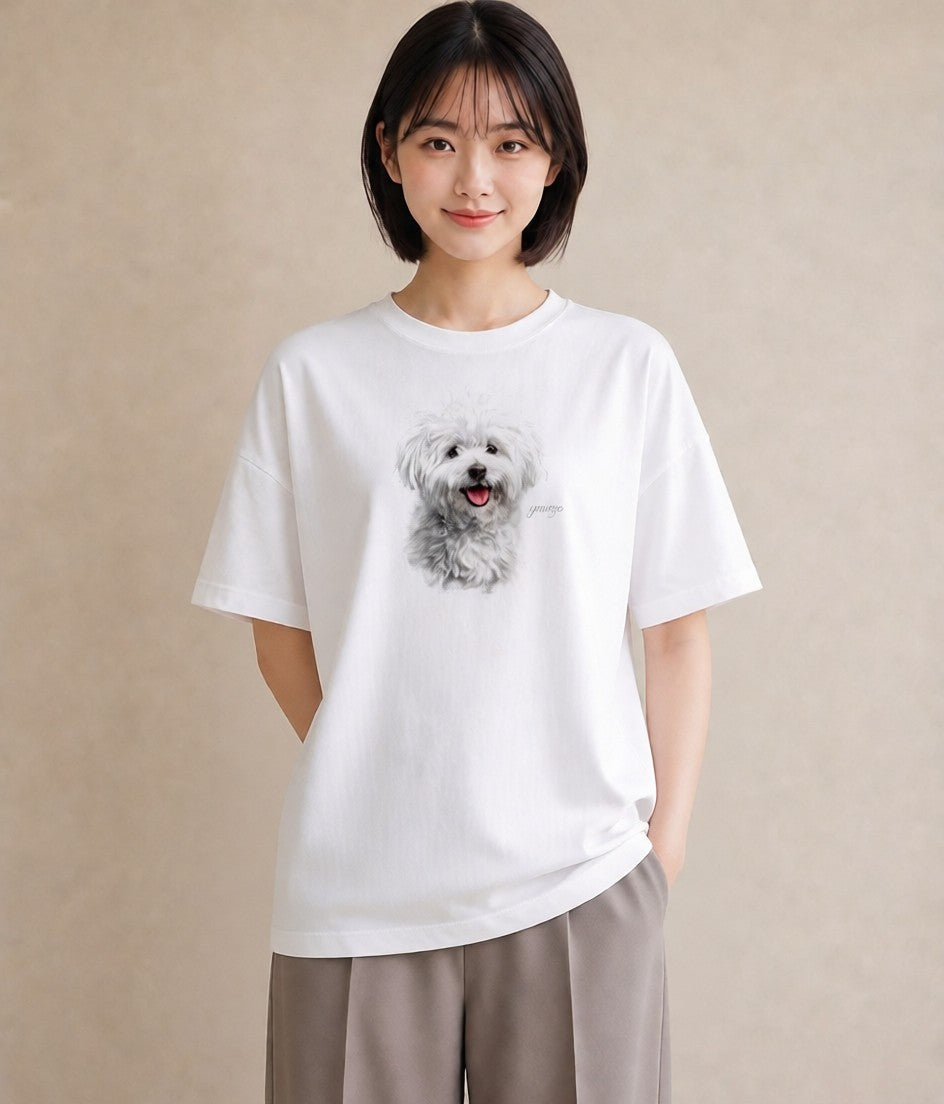 半袖Tシャツ レディース ビションフリーゼ 犬 いぬ イラスト ニュアンス 公園 ママ 白T