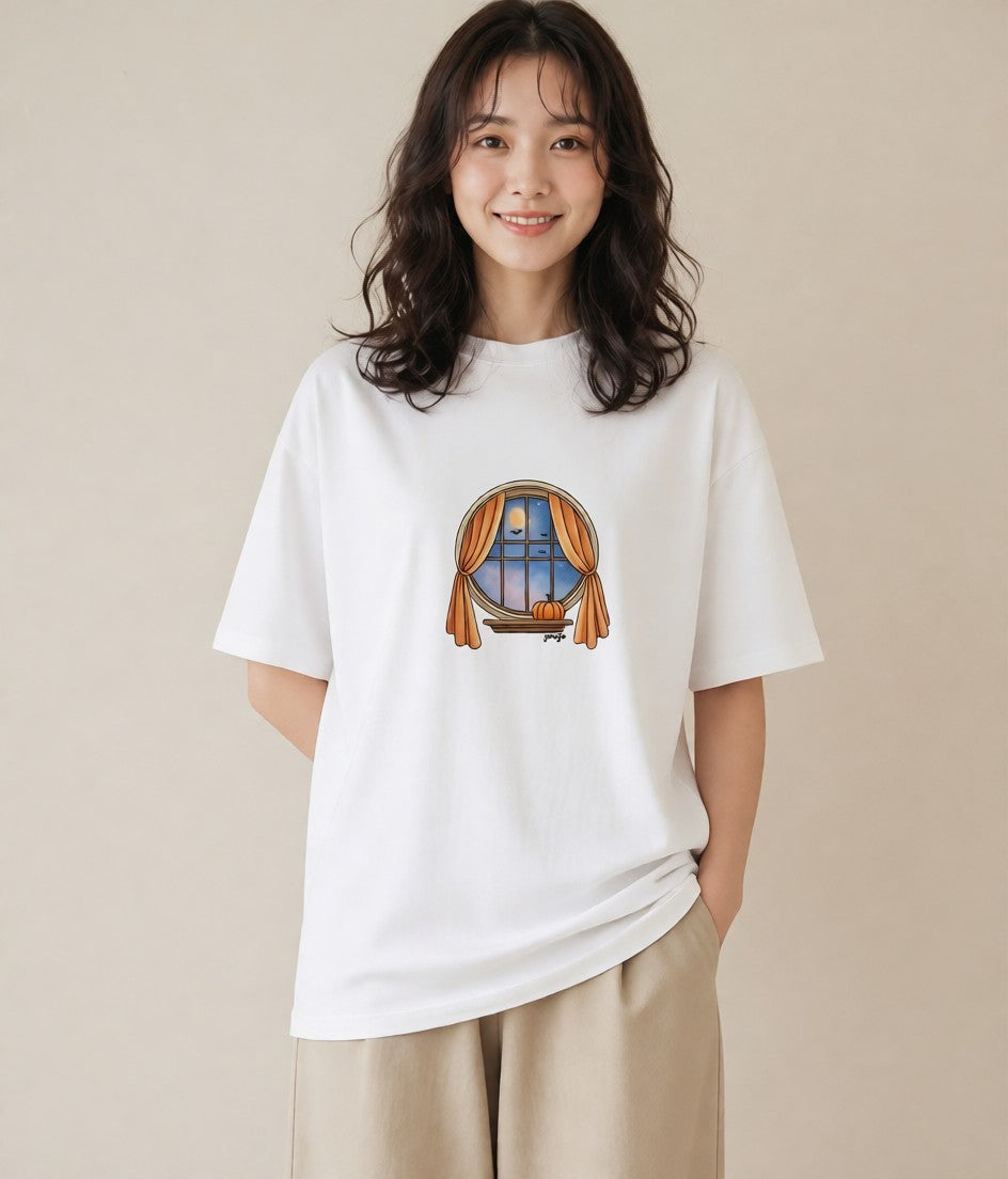 プリントTシャツ レディース 灯りの家 小屋 夜 ナチュラル アンティーク イラスト 休日コーデ クリスマス 旅行 白T