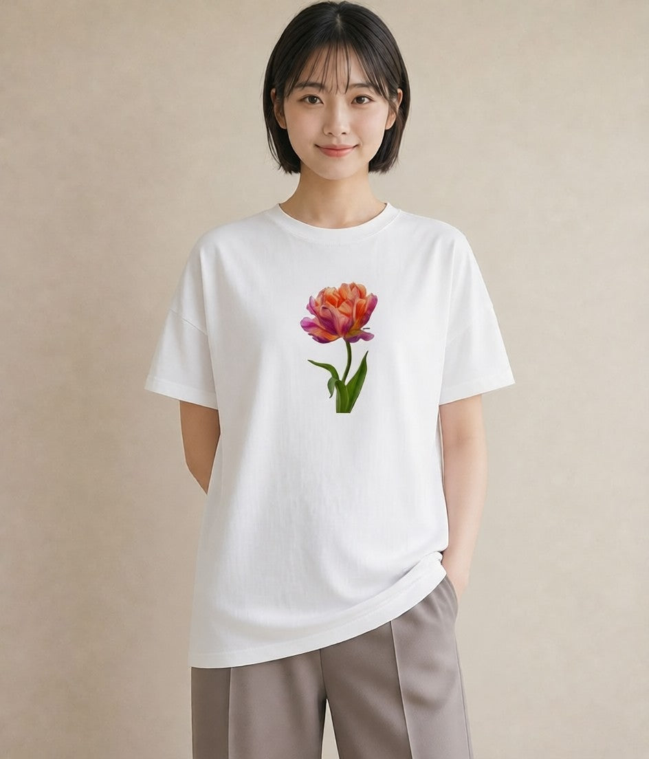 プリントTシャツ レディース チューリップ 花 花柄 イラスト シック ミセス 春コーデ 白T