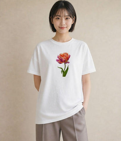 プリントTシャツ レディース チューリップ 花 花柄 イラスト シック ミセス 春コーデ 白T