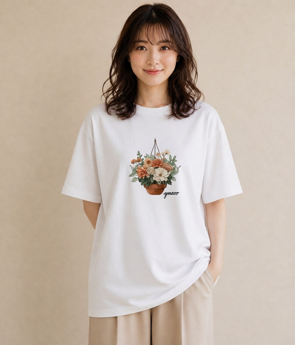デザインTシャツ レディース 自転車のかご 自転車 花かご ナチュラル アンティーク イラスト カジュアル デイリーウェア 休日 白T