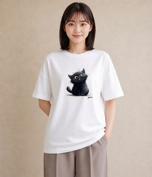 半袖Tシャツ レディース 黒猫 猫 ねこ イラスト アート風 普段着 週末コーデ 白T
