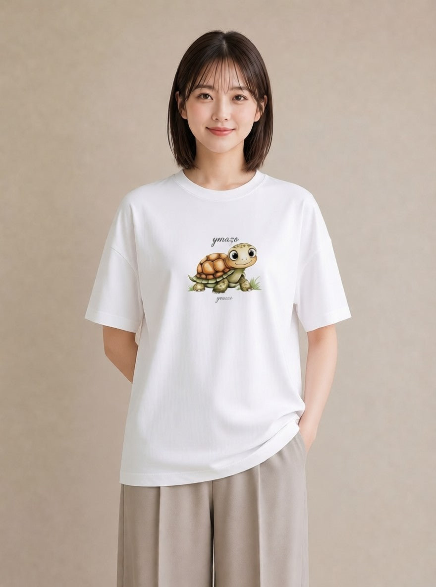 デザインTシャツ レディース ウミガメ 海の生き物 海 イラスト きれいめ ラフ レイヤード 白T