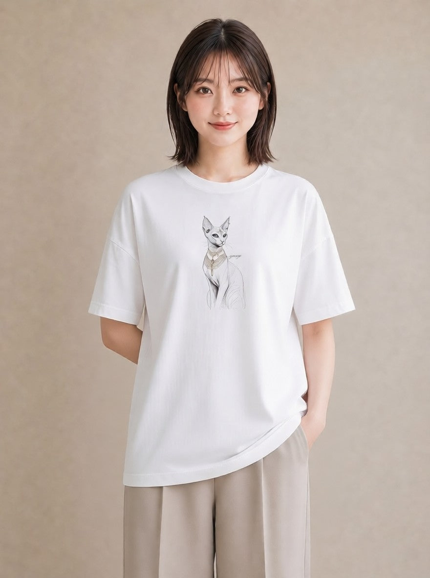グラフィックTシャツ レディース スフィンクス 猫 ねこ イラスト 淡色 レイヤード 友達ギフト 白T