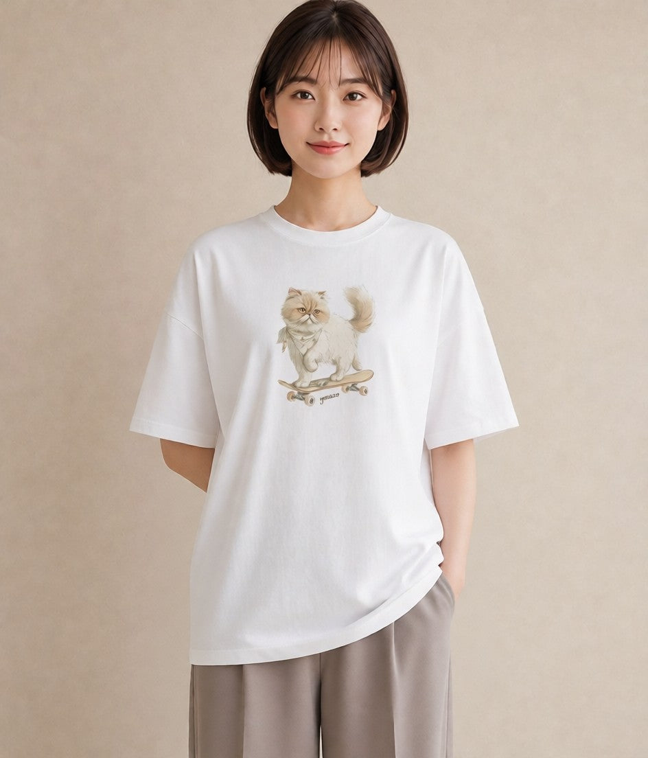 Tシャツ レディース ペルシャ 猫 ねこ イラスト 個性的 春服 ミセス 白T