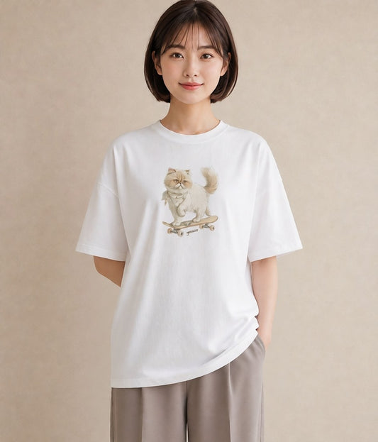 Tシャツ レディース ペルシャ 猫 ねこ イラスト 個性的 春服 ミセス 白T