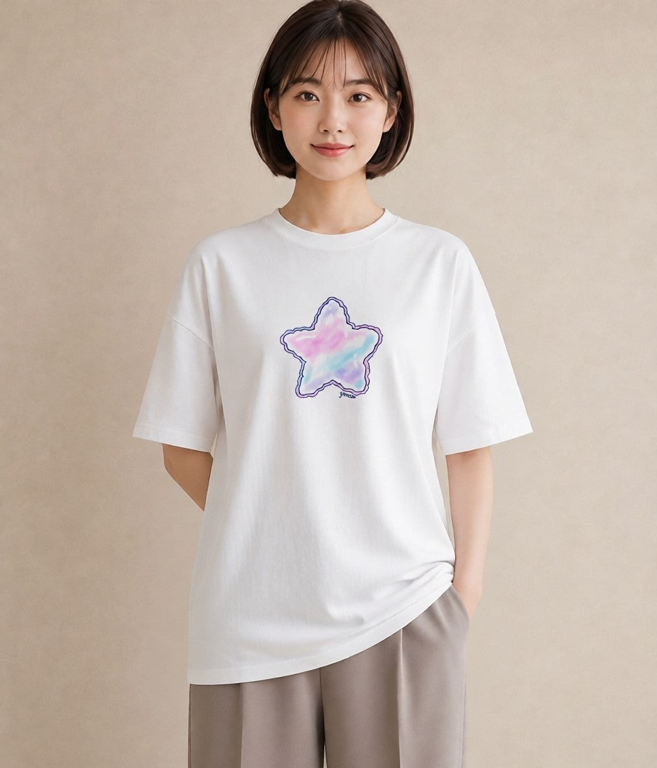 グラフィックTシャツ レディース 流れ星 星空 宇宙 イラスト 手描き風 自分用 ルームウェア 白T