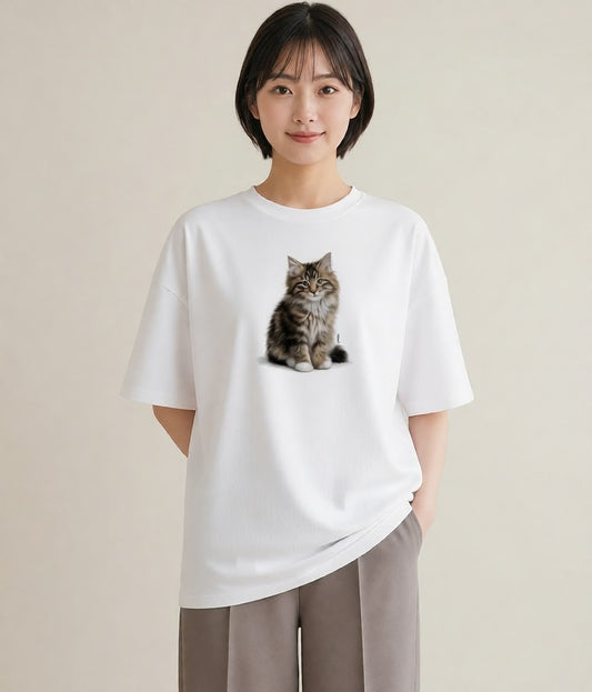 デザインTシャツ レディース メインクーン 猫 ねこ イラスト 上品 ギフト 母の日 白T