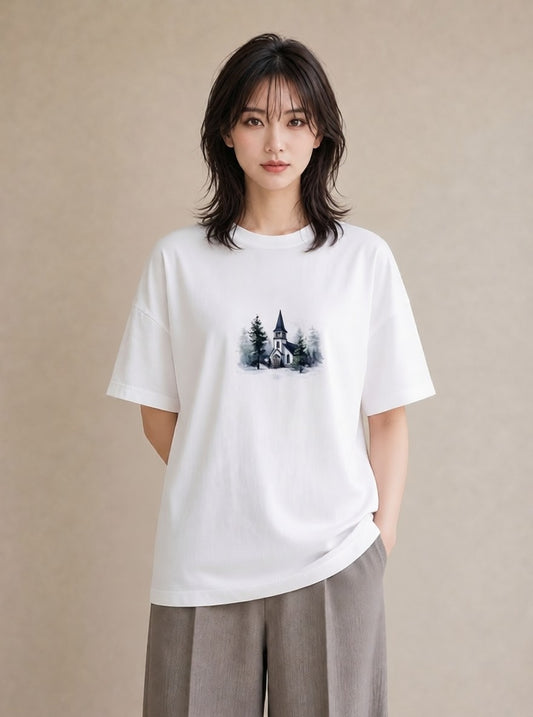 Tシャツ レディース 灯りの家 小屋 夜 ナチュラル アンティーク イラスト ゆるかわ 友達ギフト 部屋着 白T