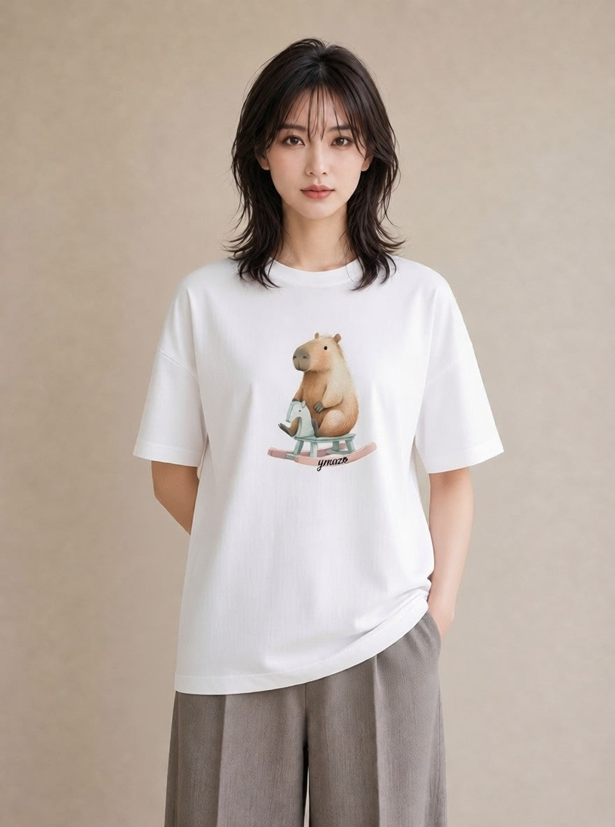 デザインTシャツ レディース モルモット ペット 動物 イラスト 淡色 旅行用 海 白T