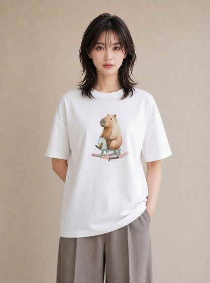 デザインTシャツ レディース モルモット ペット 動物 イラスト 淡色 旅行用 海 白T