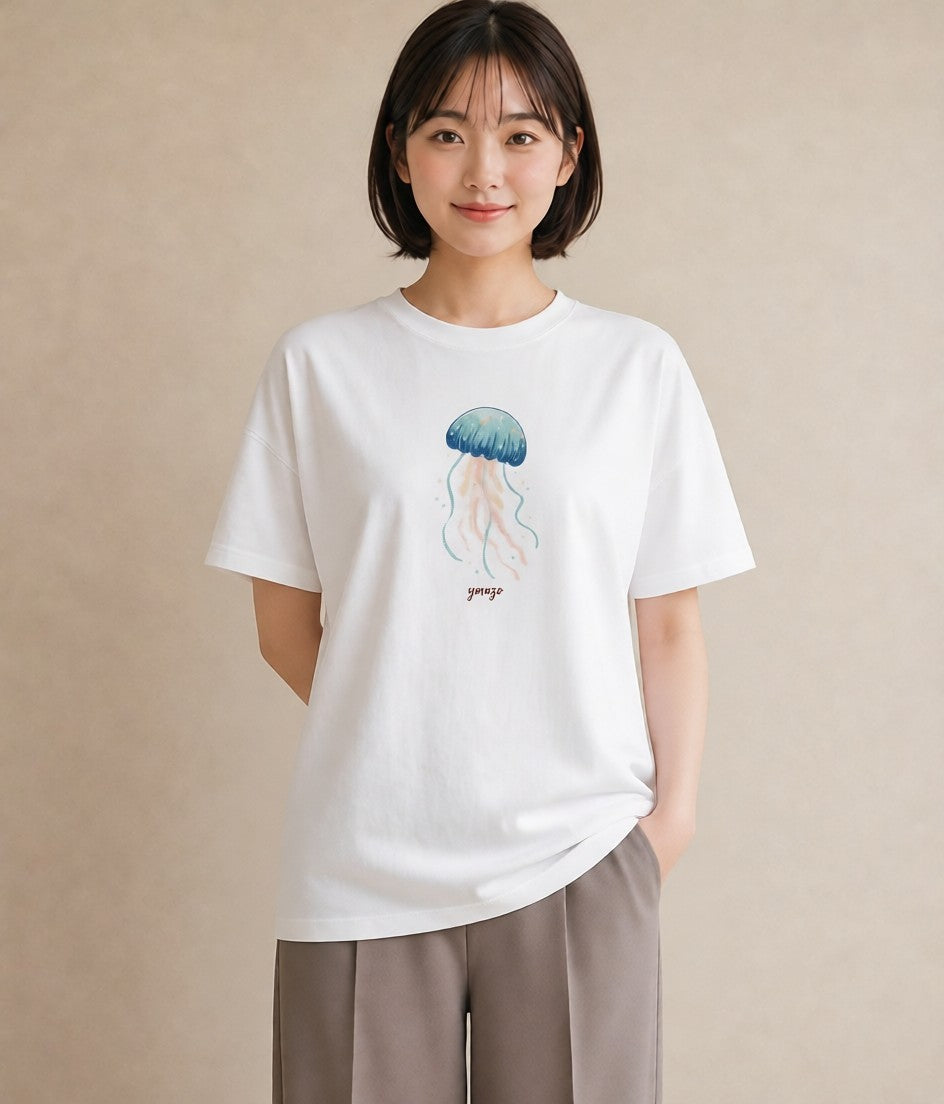 プリントTシャツ レディース くらげ クラゲ 海の生き物 海 イラスト 可愛い 普段着 週末コーデ 白T