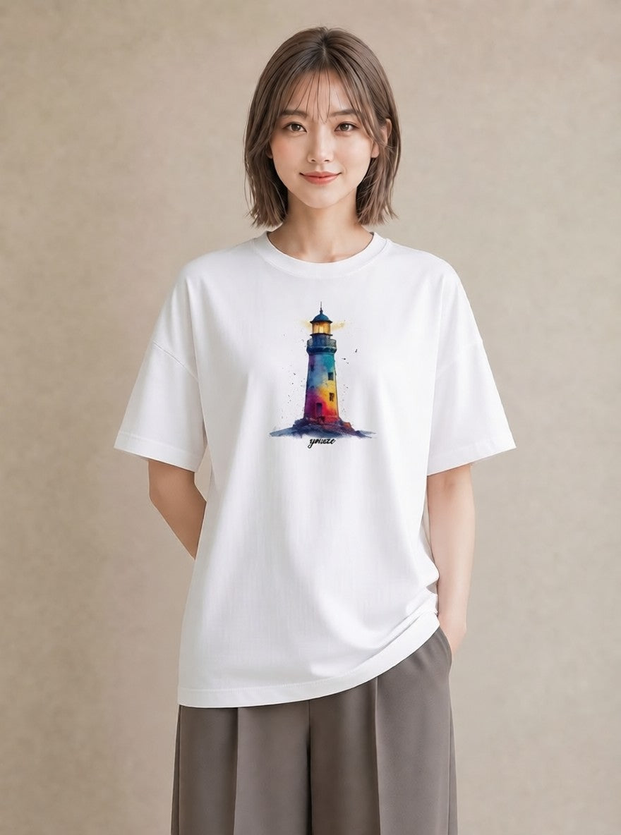 グラフィックTシャツ レディース 灯台 霧 海 ナチュラル アンティーク イラスト モード 秋コーデ おしゃれギフト 白T