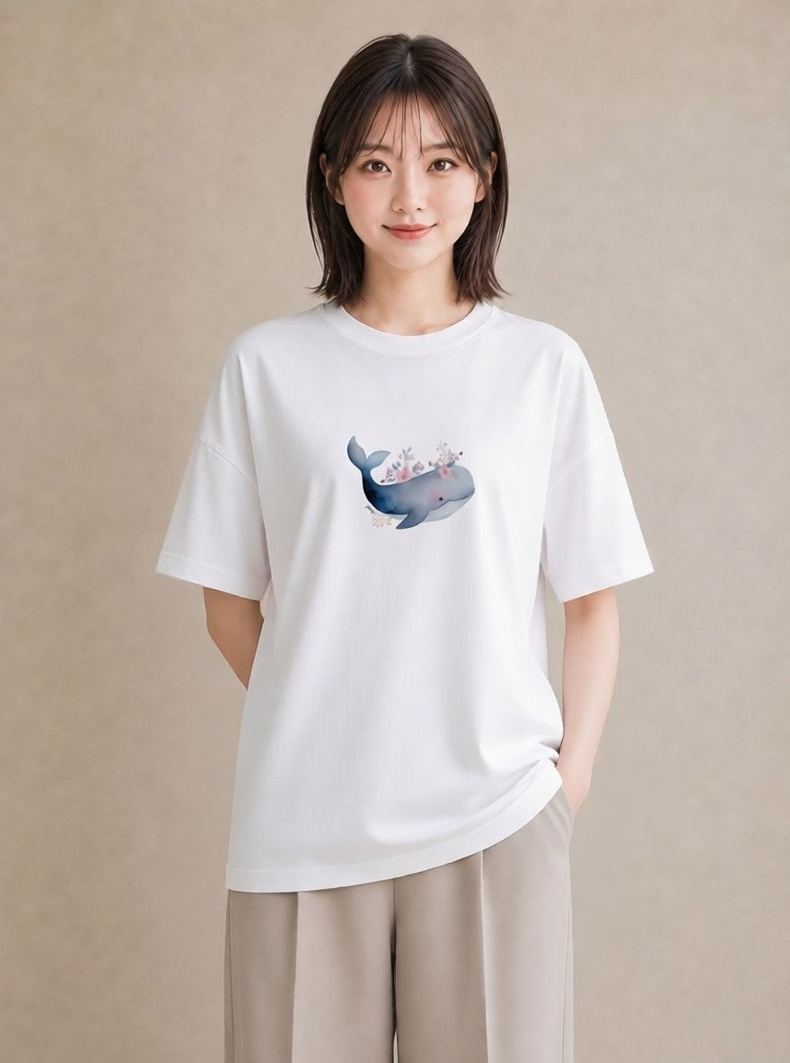 半袖Tシャツ レディース イルカ 海の生き物 海 イラスト 韓国風 夏コーデ 通学 白T