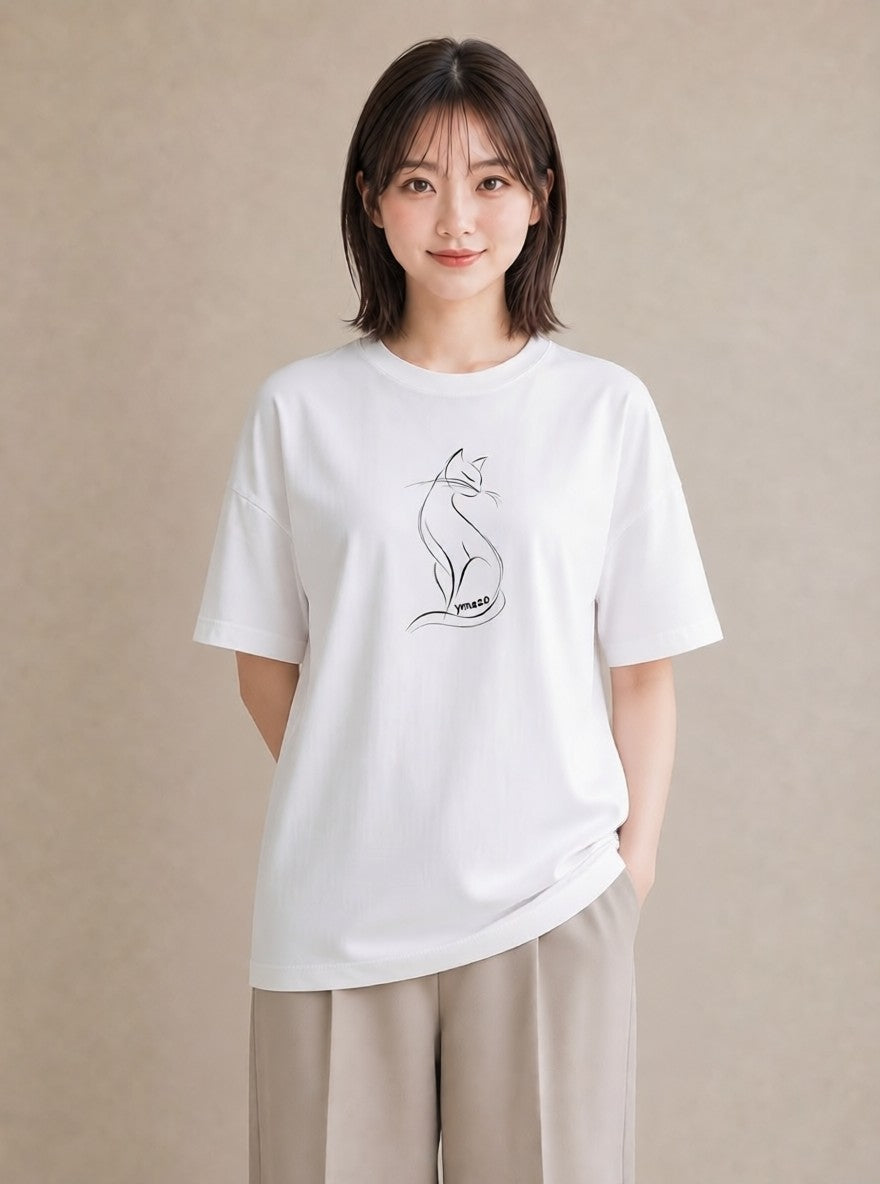 デザインTシャツ レディース 猫 ねこ ネコ イラスト 韓国風 夏コーデ 通学 白T