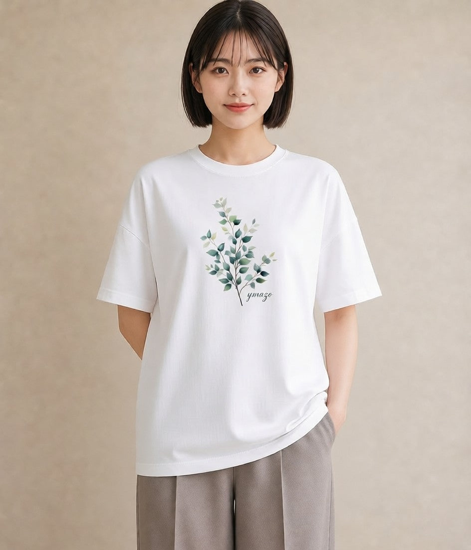 デザインTシャツ レディース 葉っぱ 植物 ボタニカル イラスト ニュアンス ビーチ デイリーウェア 白T