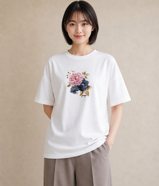 Tシャツ レディース 牡丹 花 花柄 イラスト お洒落 週末コーデ 敬老の日 白T