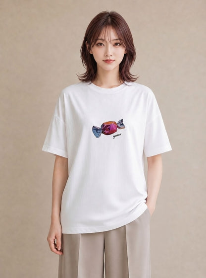 デザインTシャツ レディース キャンディ 食べ物 フード イラスト 韓国風 カフェ巡り 女子会 白T