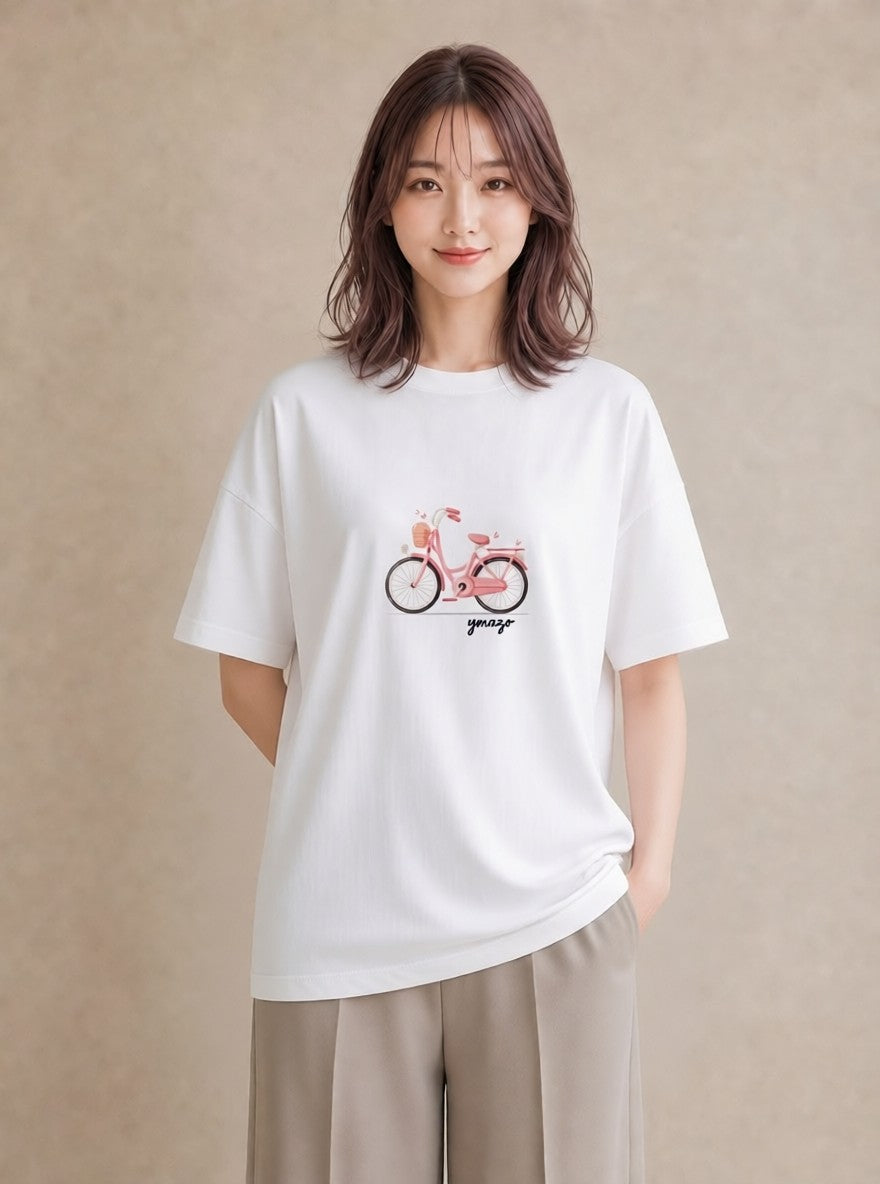 グラフィックTシャツ レディース 自転車のかご 自転車 花かご ナチュラル アンティーク イラスト 休日 ペアコーデ 白T