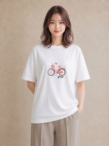 グラフィックTシャツ レディース 自転車のかご 自転車 花かご ナチュラル アンティーク イラスト 休日 ペアコーデ 白T
