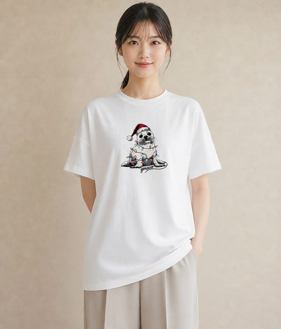 Tシャツ レディース ゴマフアザラシ 動物 アニマル イラスト シンプル デイリーウェア 休日 白T