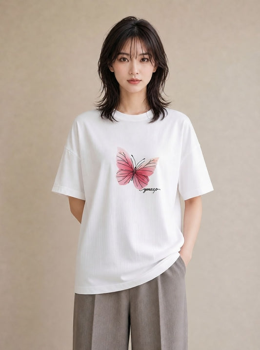 デザインTシャツ レディース ちょうちょ 蝶 バタフライ 昆虫 虫 イラスト ニュアンス 休日 ペアコーデ 白T