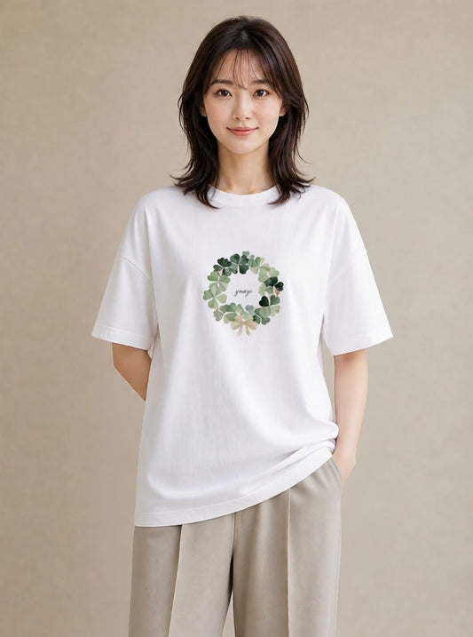 プリントTシャツ レディース クローバー 四つ葉 花 花柄 イラスト 淡色 送別ギフト 通勤 白T