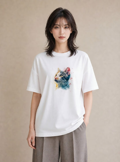 Tシャツ レディース ぶち猫 猫 ねこ イラスト 水彩風 お揃い 親子 白T