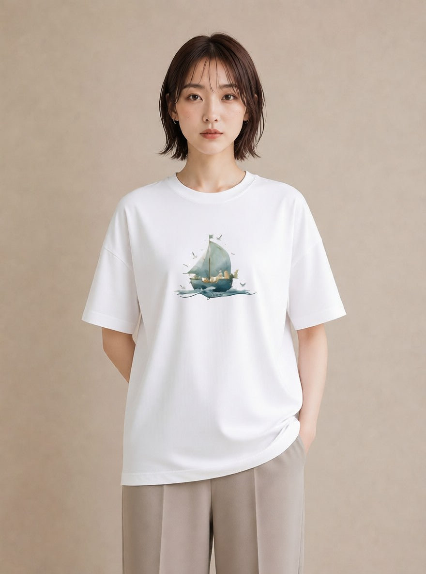 半袖Tシャツ レディース 紙の船 水辺 ナチュラル アンティーク イラスト 旅行コーデ 誕生日プレゼント 綿100 白T