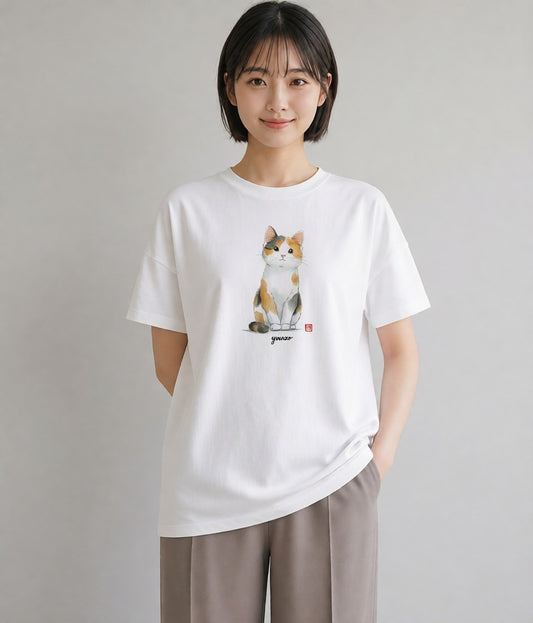 デザインTシャツ レディース ハチワレ 白黒猫 猫 ねこ イラスト カフェ服 クリスマス 白T
