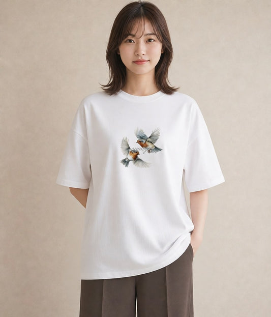デザインTシャツ レディース 遠い家と鳥 風景 鳥 ナチュラル アンティーク イラスト 抜け感 海 カフェ巡り 白T