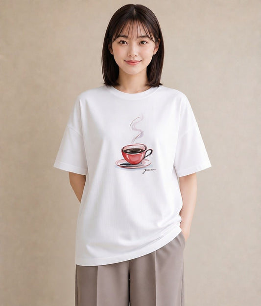 Tシャツ レディース コーヒー カフェ 珈琲 イラスト 淡色 ラフ レイヤード 白T