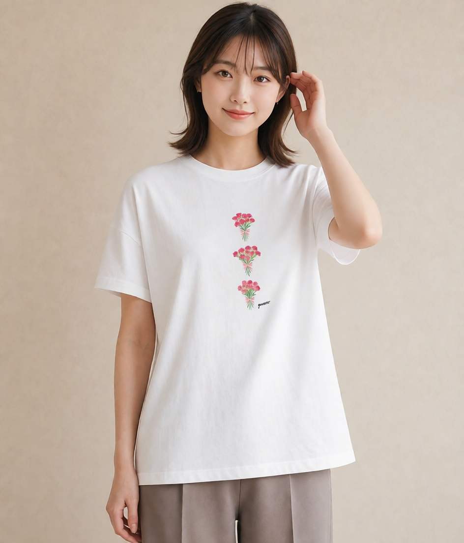 プリントTシャツ レディース カーネーション 花 花柄 イラスト カジュアル 在宅 公園 白T