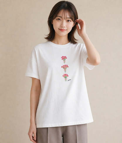 プリントTシャツ レディース カーネーション 花 花柄 イラスト カジュアル 在宅 公園 白T