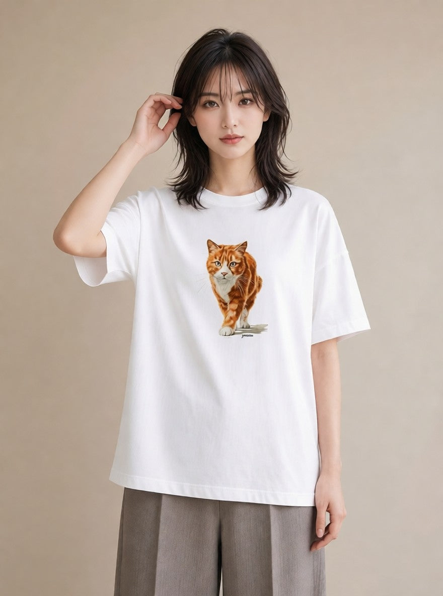 デザインTシャツ レディース 茶トラ 茶猫 猫 ねこ イラスト カフェコーデ 社会人 女性 白T