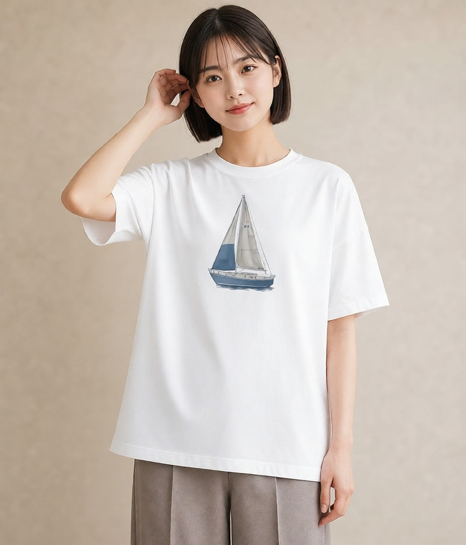 半袖Tシャツ レディース 紙の船 水辺 ナチュラル アンティーク イラスト フェミニン おしゃれギフト 社会人 白T