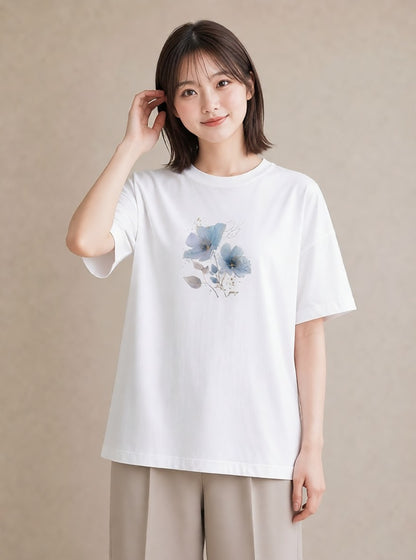 プリントTシャツ レディース あさがお 朝顔 花 花柄 イラスト 抜け感 通学 誕生日プレゼント 白T