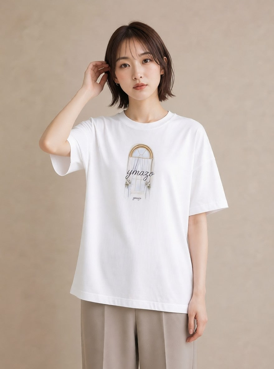 プリントTシャツ レディース 窓辺の雨 雨の日 窓 ナチュラル アンティーク イラスト 抜け感 友達ギフト 部屋着 白T