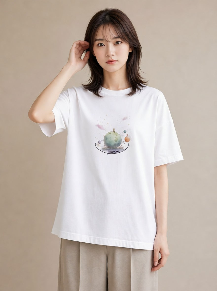 デザインTシャツ レディース プラネット 星空 宇宙 イラスト ナチュラル 買い物 夏コーデ 白T