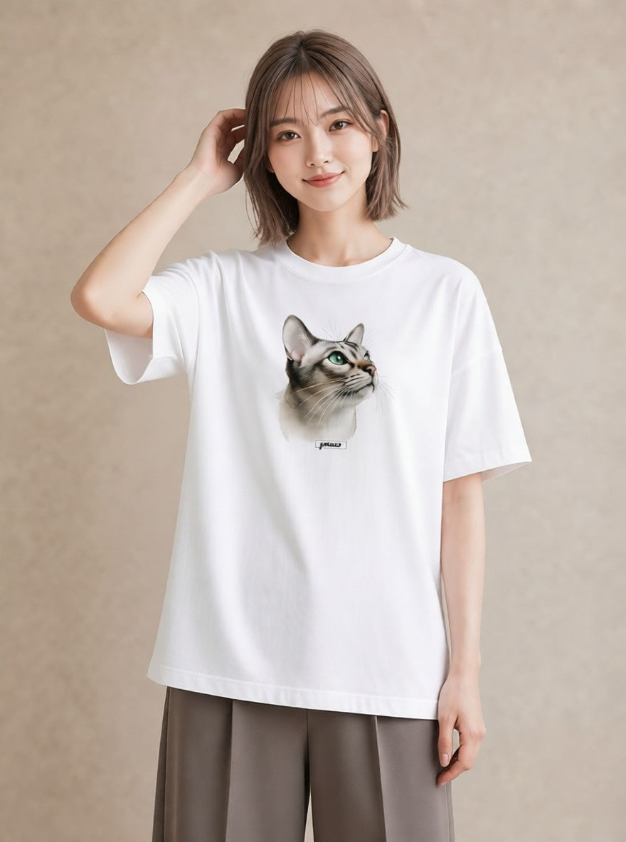 デザインTシャツ レディース 白猫 猫 ねこ イラスト アート風 敬老の日 ホワイトデー 白T