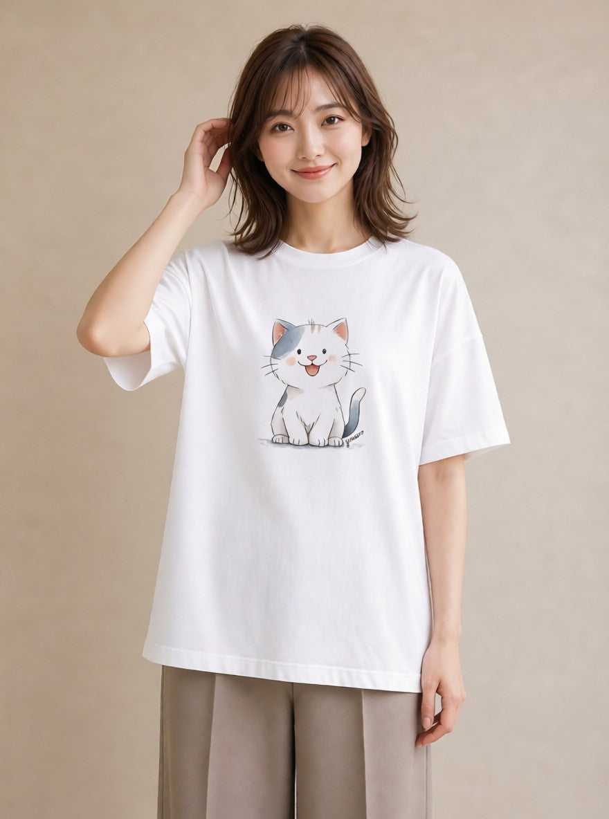 Tシャツ レディース 白猫 猫 ねこ イラスト 手描き風 海 カフェ巡り 白T