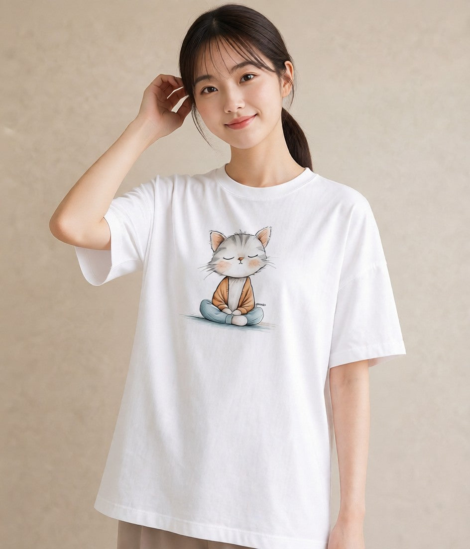 プリントTシャツ レディース おすわり猫 猫 ねこ イラスト ゆるコーデ ルームウェア ギフト 白T